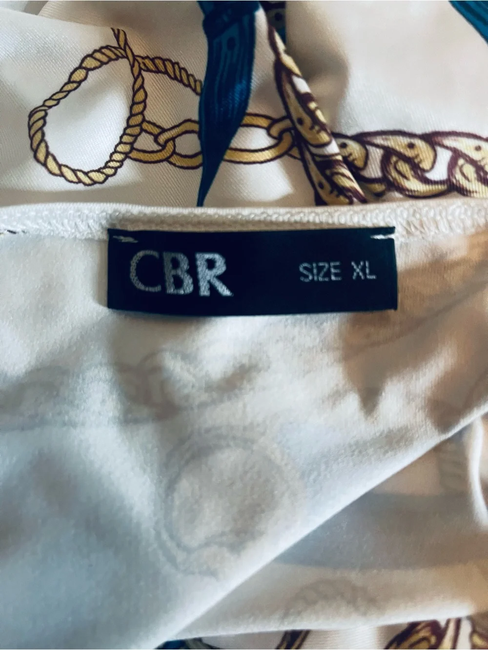 CBR White Chain Print Blouse with Blue High-Waist Shorts